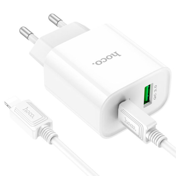 Сетевое зарядное устройство с кабелем HOCO C80A Plus Rapido PD20W+QC3.0 charger set(C to iP) White