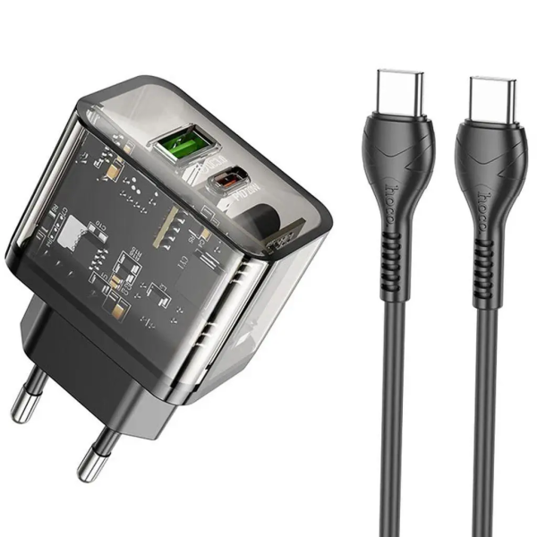 Сетевое зарядное устройство с кабелем HOCO N34 Dazzling dual-port PD20W+QC3.0 charger set (Type-C to Type-C) Transparent Black