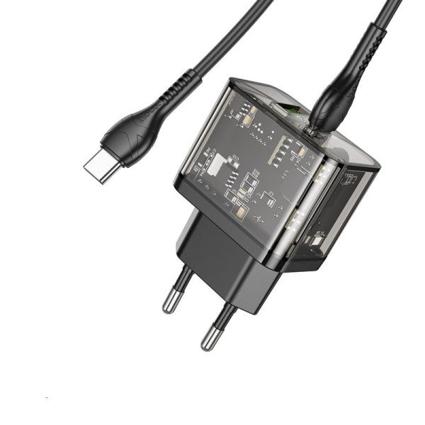 Сетевое зарядное устройство с кабелем HOCO N34 Dazzling dual-port PD20W+QC3.0 charger set (Type-C to Type-C) Transparent Black