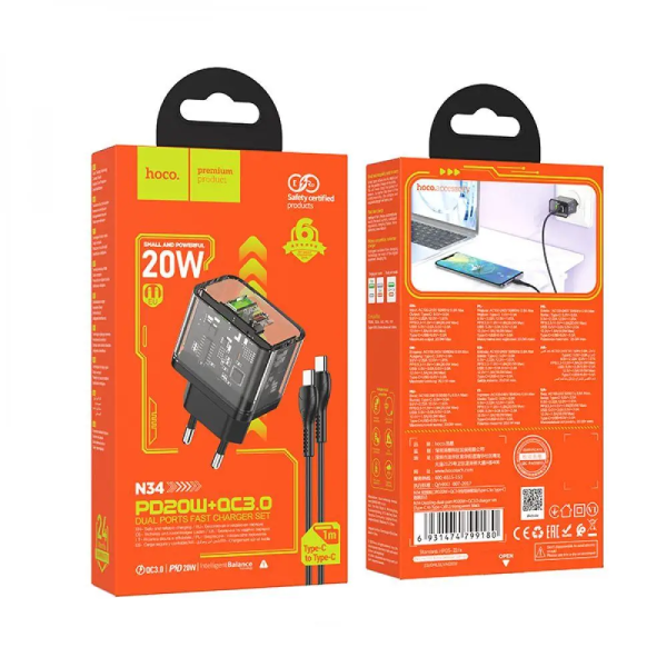 Сетевое зарядное устройство с кабелем HOCO N34 Dazzling dual-port PD20W+QC3.0 charger set (Type-C to Type-C) Transparent Black