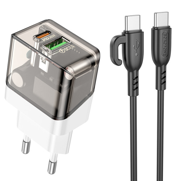Сетевое зарядное устройство с кабелем BOROFONE BA80A Scenery PD20W+QC3.0 charger set (Type-C to Type-C) Transparent Black