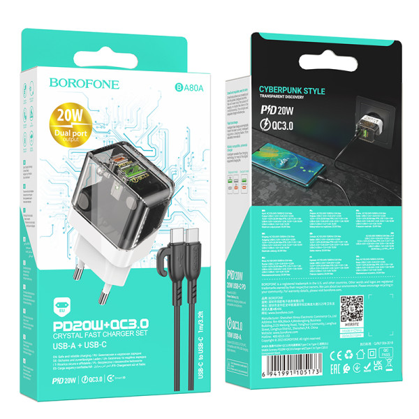 Сетевое зарядное устройство с кабелем BOROFONE BA80A Scenery PD20W+QC3.0 charger set (Type-C to Type-C) Transparent Black