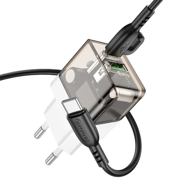 Сетевое зарядное устройство с кабелем BOROFONE BA80A Scenery PD20W+QC3.0 charger set (Type-C to Type-C) Transparent Black