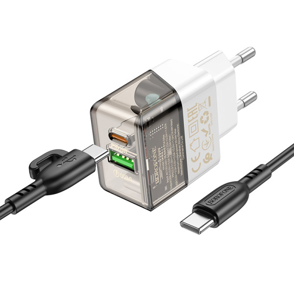 Сетевое зарядное устройство с кабелем BOROFONE BA80A Scenery PD20W+QC3.0 charger set (Type-C to Type-C) Transparent Black