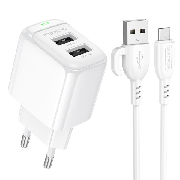 Сетевое зарядное устройство с кабелем BOROFONE BAS41A Potential dual-port charger set(Micro) White
