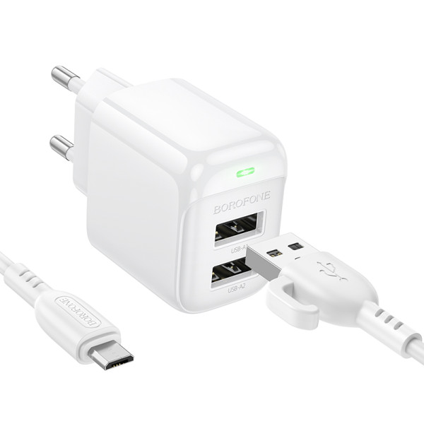 Сетевое зарядное устройство с кабелем BOROFONE BAS41A Potential dual-port charger set(Micro) White