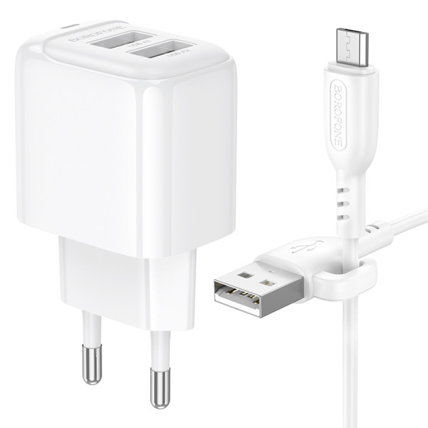 Сетевое зарядное устройство с кабелем BOROFONE BAS41A Potential dual-port charger set(Micro) White