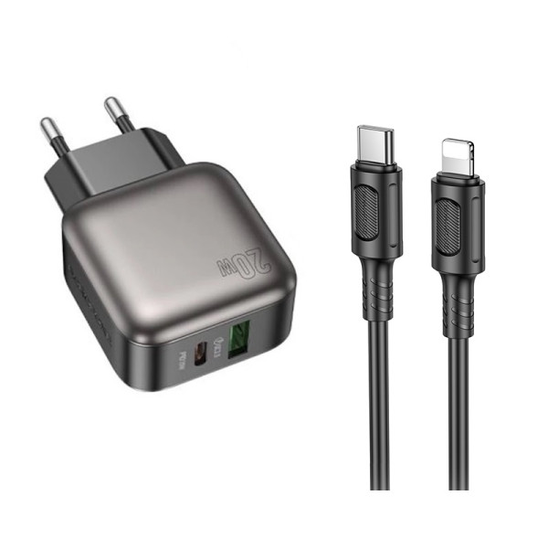 Сетевое зарядное устройство с кабелем BOROFONE BAS54A Absolute PD20W+QC3.0 charger set (C to iP) (EU) Black