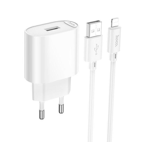 Сетевое зарядное устройство с кабелем HOCO C109A(10.5W) Fighter single port charger set(iP) White