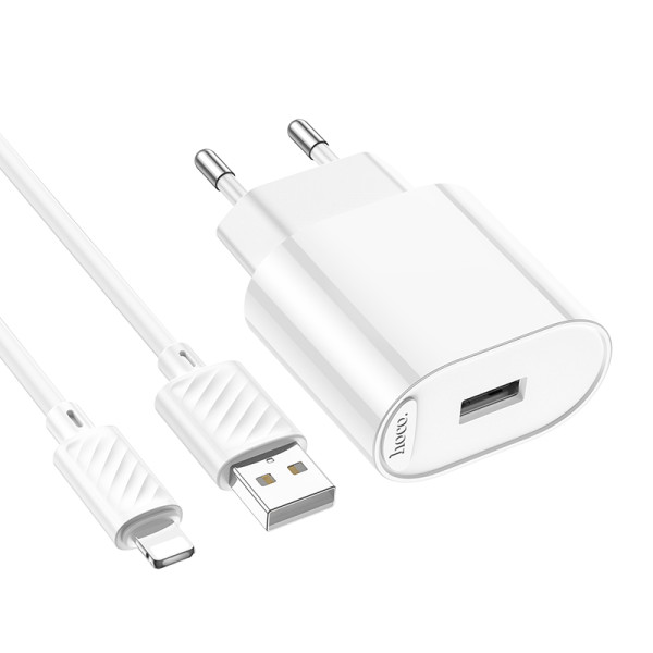 Сетевое зарядное устройство с кабелем HOCO C109A(10.5W) Fighter single port charger set(iP) White
