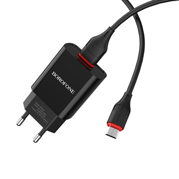 Сетевое зарядное устройство с кабелем BOROFONE BA20A Sharp single port charger set (Micro) 10.5W Black