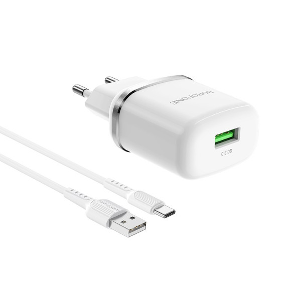 Сетевое зарядное устройство с кабелем BOROFONE BA36A High speed single port QC3.0 charger set 18W (Type-C) White