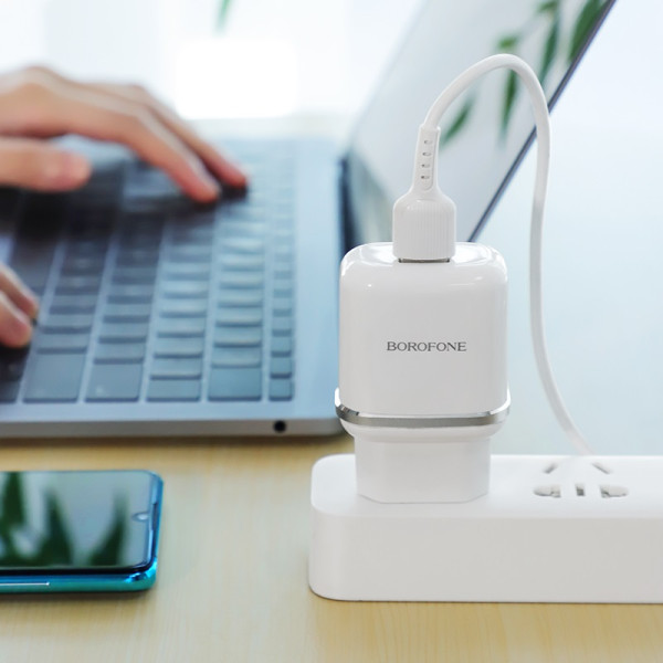 Сетевое зарядное устройство с кабелем BOROFONE BA36A High speed single port QC3.0 charger set 18W (Type-C) White