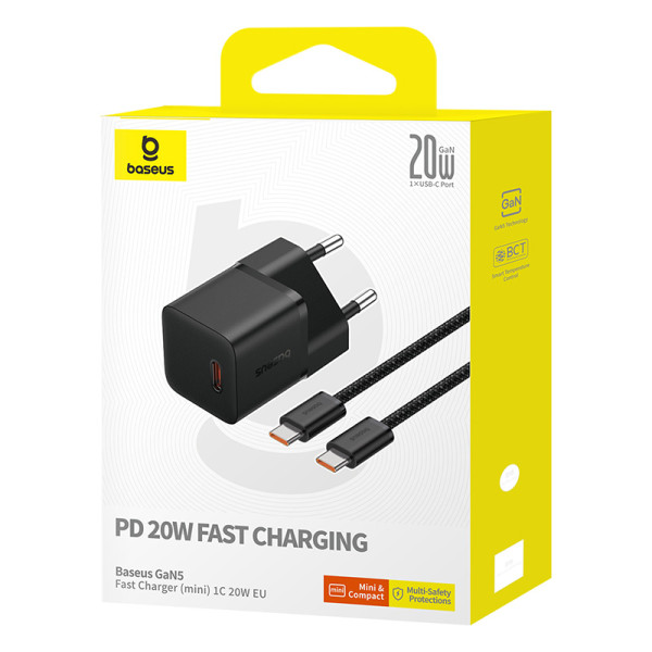 Мережевий зарядний пристрій з кабелем Baseus GaN5 Fast Charger(mini) 1C 20W ЄС Cluster чорний(З: кабелем швидкої зарядки Type-C)