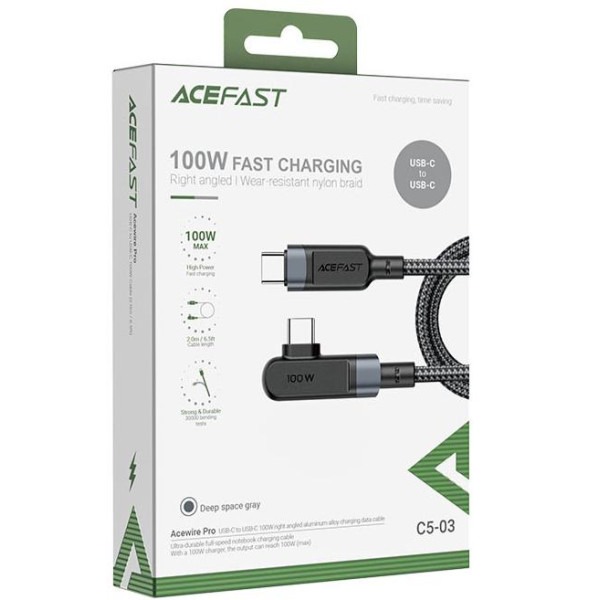 Кабель ACEFAST C5-03 USB-C до USB-C 100 Вт з правим кутом, алюмінієвий сплав, довжина 2 м, сірий