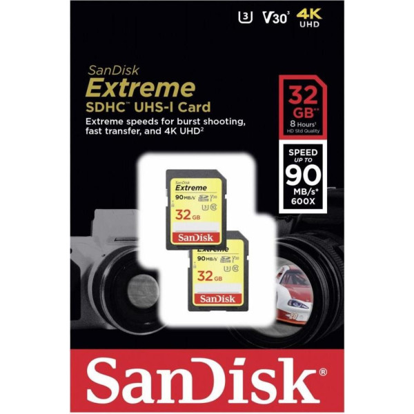 Карта пам'яті SDHC (UHS-1 U3) SanDisk Extreme 32 ГБ класу 10 (90 МБ/с, 600x) пакет з двох шт.