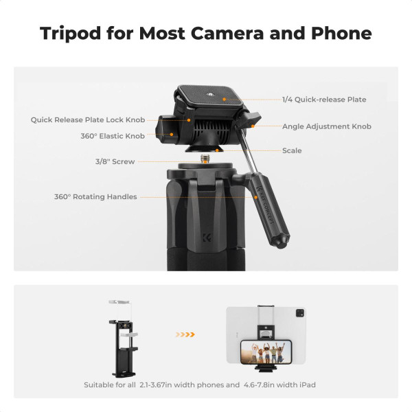 Легкий штатив K&F Concept 2-в-1 з пультом та тримачем для телефону max 4кг, h 190см (KF09.126)