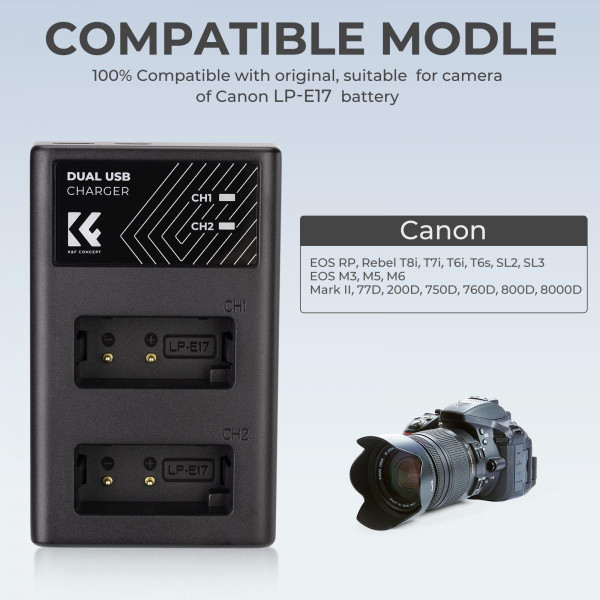 Швидкий зарядний пристрій K&F Concept для 2 батарей Canon LP-E17 5V 2A Type-C (KF28.0008)