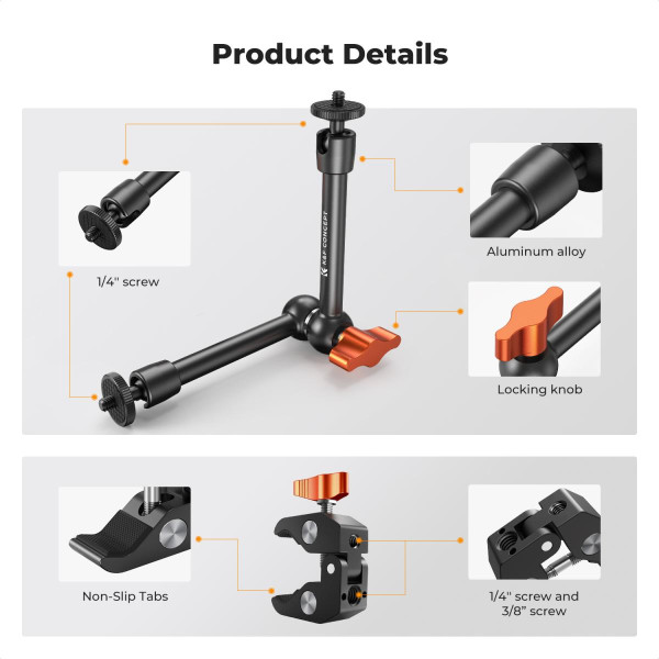 Шарнірний кронштейн K&F Concept Magic Arm 25 см з суперзатискачем 1/4" та 3/8", LED-світло, веб-камери та екшн-камер MS32 (KF31.131)