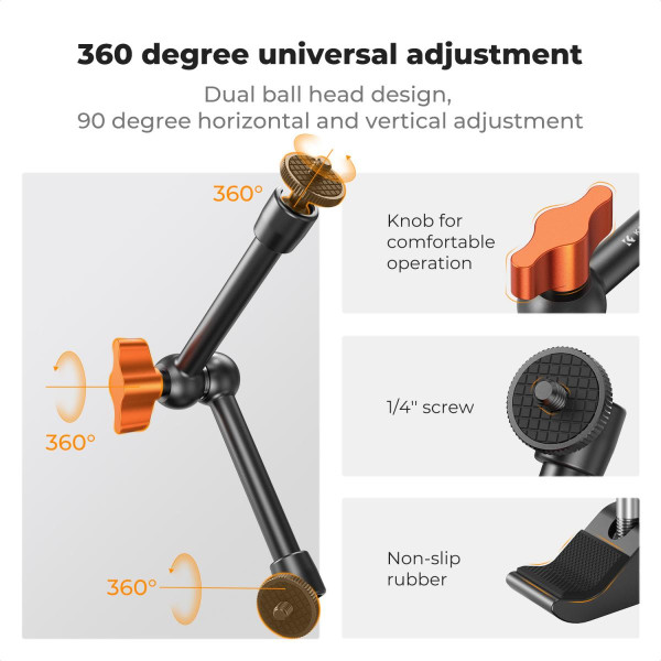 Шарнірний кронштейн K&F Concept Magic Arm 25 см з суперзатискачем 1/4" та 3/8", LED-світло, веб-камери та екшн-камер MS32 (KF31.131)