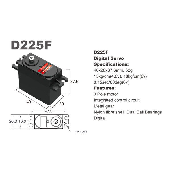 Сервопривод стандарт 52г BATAN D225F 18.0кг/0.15сек металл цифровой