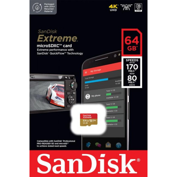 Карта пам'яті microSDXC (UHS-1 U3) SanDisk Extreme A2 64 ГБ класу 10 V30 (R170 МБ/с, W80 МБ/с)