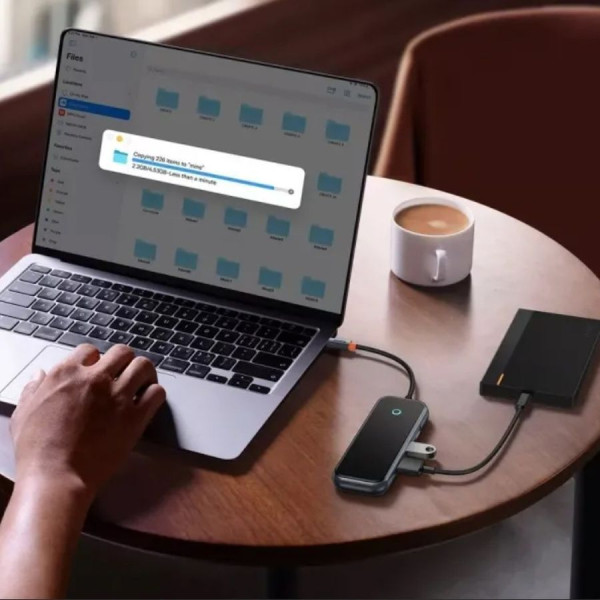 USB-хаб Baseus AcmeJoy 5-портовий адаптер USB-C HUB (Type-C до USB3.0*2+USB2.0*1+Type-C PD та дані *1+RJ45*1) темно-сірий