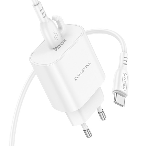 Сетевое зарядное устройство с кабелем BOROFONE BA82A Platinum single port PD25W charger set (C to C)(EU) White