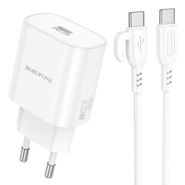 Сетевое зарядное устройство с кабелем BOROFONE BA82A Platinum single port PD25W charger set (C to C)(EU) White