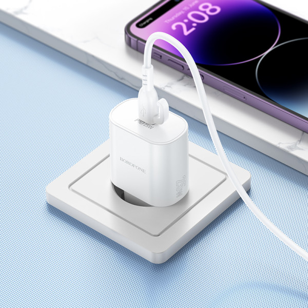 Сетевое зарядное устройство с кабелем BOROFONE BA82A Platinum single port PD25W charger set (C to C)(EU) White