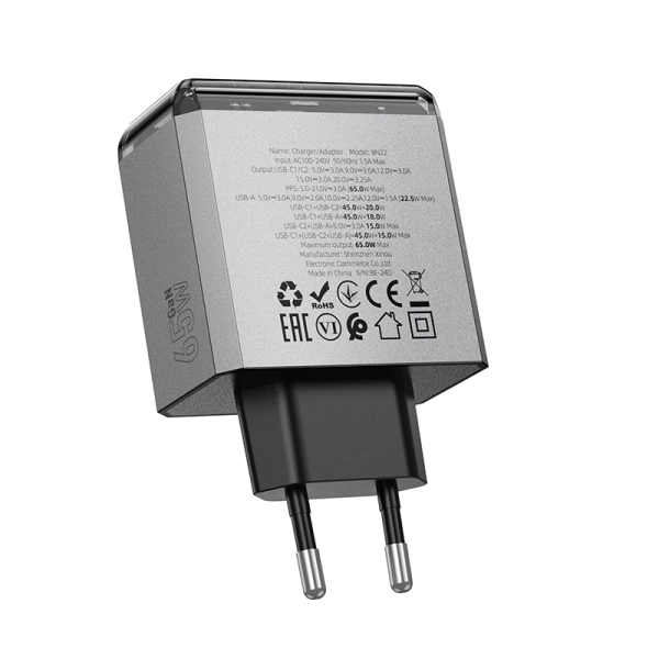 Сетевое зарядное устройство BOROFONE BN22 Lena PD65W(2C1A) charger(EU) Metal Gray