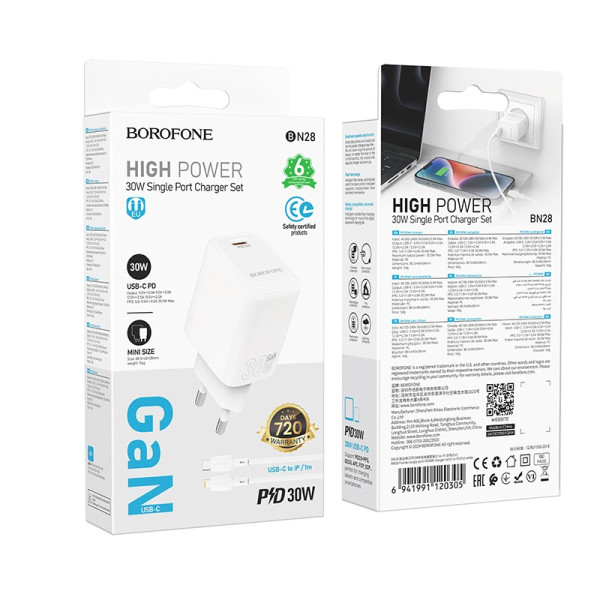 Сетевое зарядное устройство BOROFONE BN28 Fuente single port PD30W charger (EU) White