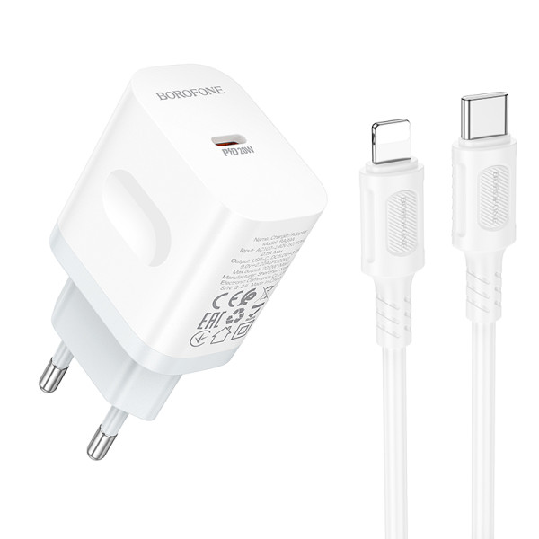 Сетевое зарядное устройство с кабелем BOROFONE BA99A Breeze single port PD20W charger set (C to iP) White