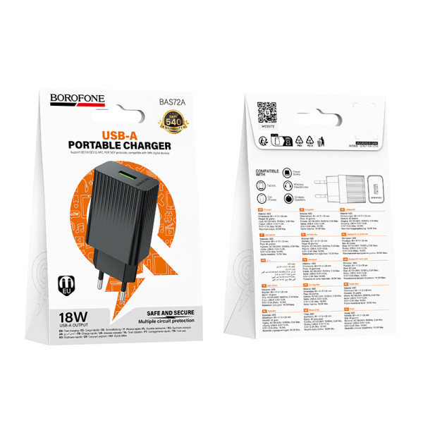 Сетевое зарядное устройство BOROFONE BAS72A Source single port QC3.0 charger Black