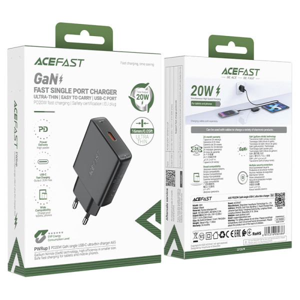 Сетевое зарядное устройство ACEFAST A65 PD20W GaN single USB-C ultra-thin charger Black