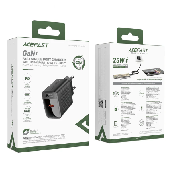 Сетевое зарядное устройство ACEFAST A104 PD25W GaN single USB-C charger Black