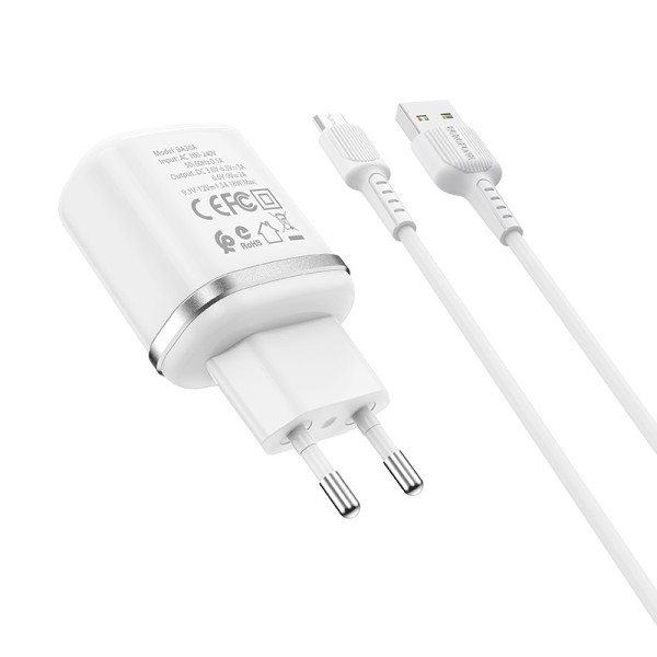 Сетевое зарядное устройство с кабелем BOROFONE BA36A High speed single port QC3.0 charger set 18W (Micro) White