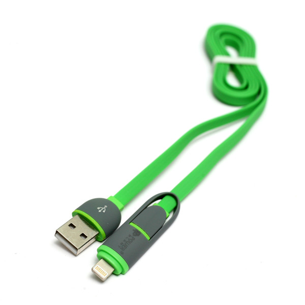 Кабель PowerPlant Quick Charge 2A 2-в-1 плоский USB 2.0 AM – Lightning/Micro 1м зелений