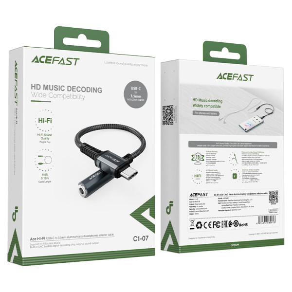 Кабель-адаптер ACEFAST C1-07 USB-C до 3,5 мм з алюмінієвого сплаву для навушників, сірий