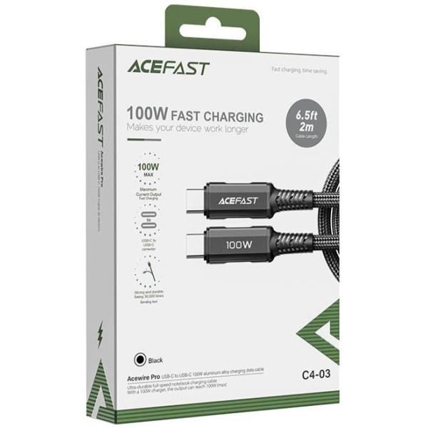 Кабель ACEFAST C4-03 Type-C до Type-C 5A, 100W, 2 м, нейлон, цинкові конектори, чорний