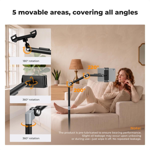 Підлогова стійка K&F Concept 1.6 м для планшета та смартфона — з обважненою основою 2.89 кг, магнітною головкою та регульованим тримачем (KF15.0038)