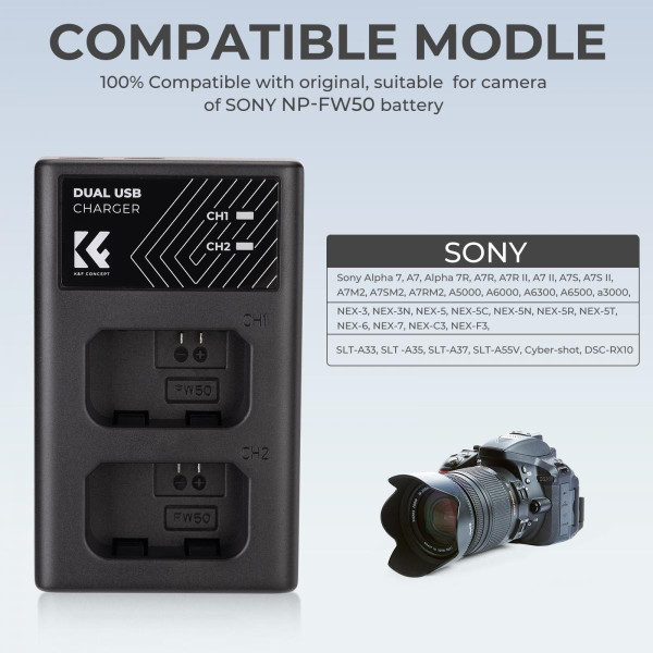 Швидкий зарядний пристрій K&F Concept для 2 батарей Sony FW50 5V 2A Type-C (KF28.0009)
