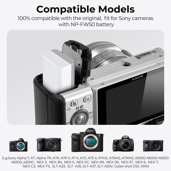 Набор аккумуляторов K&F Concept NP-FW50 (2 шт., 1100mAh) с быстрой зарядкой Type-C — для Sony ZV-E10, A7/A7II/A7RII/A7SII, A5000, A6000–A6500, NEX-3/5 (KF28.0026S1)