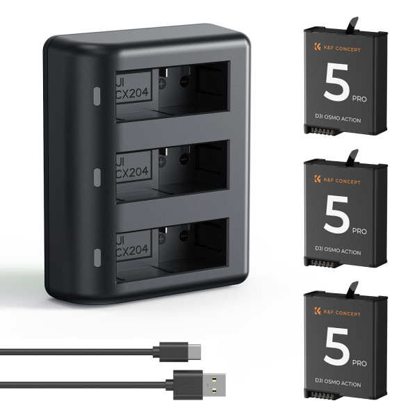 Набір акумуляторів K&F Concept для DJI Osmo Action 5 Pro/4/3 та Osmo 360 — 3 акумулятори 2100mAh + потрійний швидкий зарядний пристрій (KF28.0086)