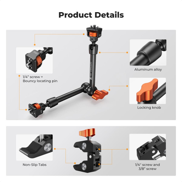 Шарнірний кронштейн K&F Concept Magic Arm 28 см із суперзатискачем 1/4" та 3/8", LED-світло, веб-камери та екшн-камер MS33 (KF31.132)