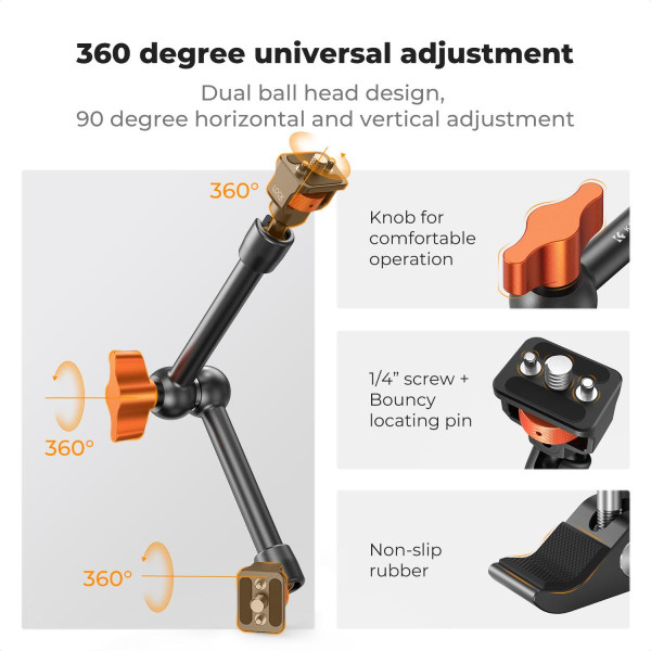 Шарнірний кронштейн K&F Concept Magic Arm 28 см із суперзатискачем 1/4" та 3/8", LED-світло, веб-камери та екшн-камер MS33 (KF31.132)