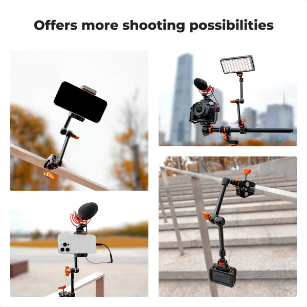 Шарнірний кронштейн K&F Concept Magic Arm 28 см із суперзатискачем 1/4" та 3/8", LED-світло, веб-камери та екшн-камер MS33 (KF31.132)