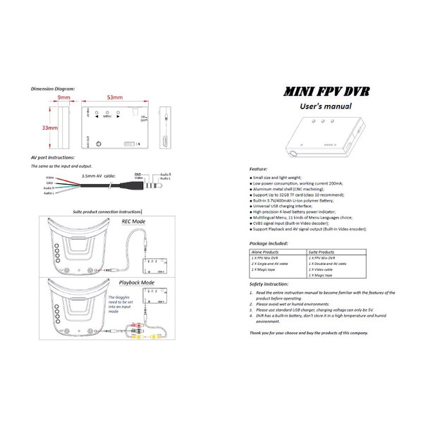 Видеорегистратор FPV Readytosky Mini DVR с аккумулятором (черный)