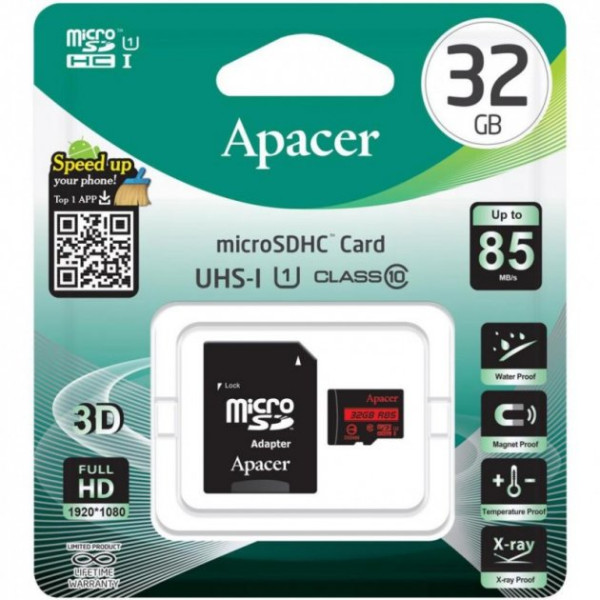Карта памяти microSDHC (UHS-1) Apacer 32Gb class 10 R85MB/s (adapter SD)