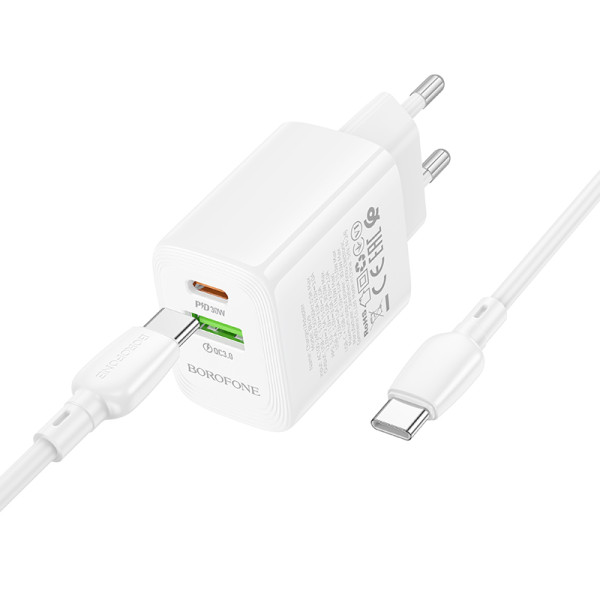 Сетевое зарядное устройство с кабелем BOROFONE BN29 Fuente PD30W+QC3.0 charger set (C to C) (EU) White